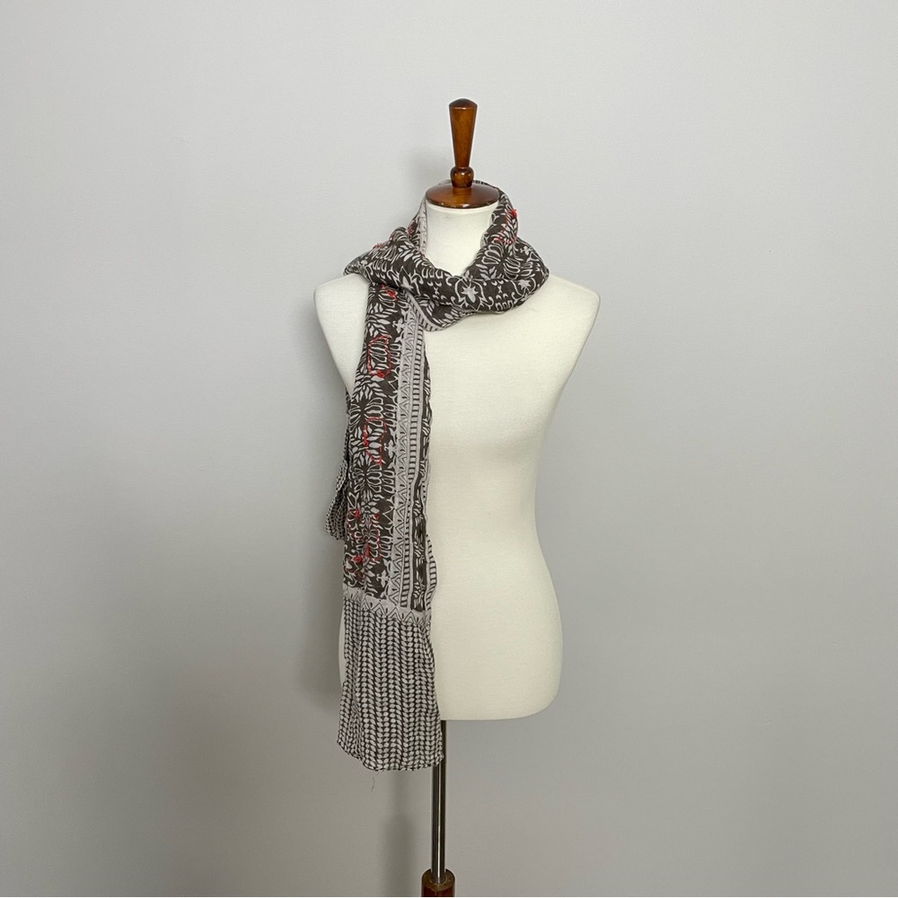 Scarf Large Embroidery Floral Leaves Natural Neutral Brown Taupe Tan Cream Coral